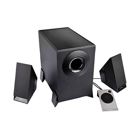 Schwarzes 2.1-Lautsprechersystem. Ein groÃŸer Subwoofer, zwei Satelliten und eine kleine Bedieneinheit.