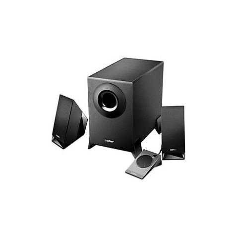 Schwarzes Lautsprechersystem, bestehend aus Subwoofer, zwei Satellitenlautsprechern und einer Bedieneinheit.