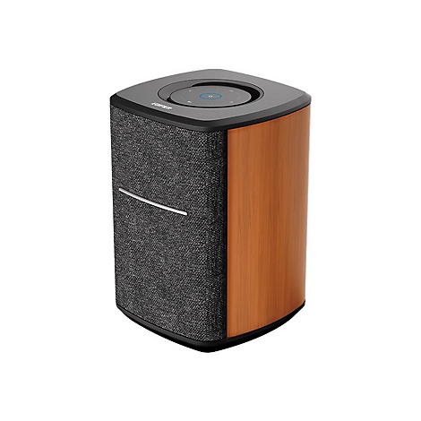 Ein kompakter Lautsprecher mit Holz- und Stoffstruktur. Oberseite mit Bedienfeld, Seite in Holzoptik, Front in grauer Stoffoptik.