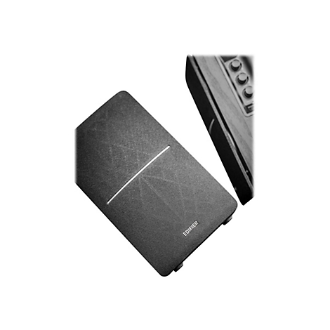 Schwarze Lautsprecherabdeckung mit Edifier-Logo und einer horizontalen Linie.