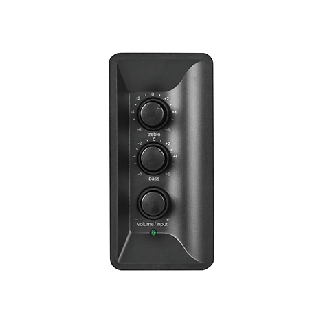 Schwarzes Bedienfeld mit drei Drehreglern für Treble, Bass und Volume/Input sowie eine grüne Statusleuchte.