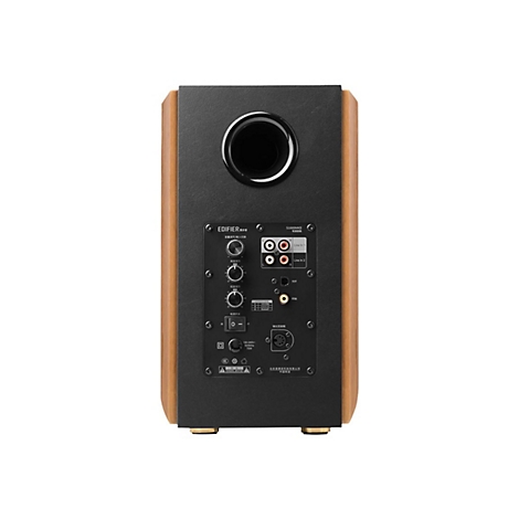 Rückseite eines Edifier S1000MKII Lautsprechers mit Anschlüssen, Reglern und Bassreflexöffnung.