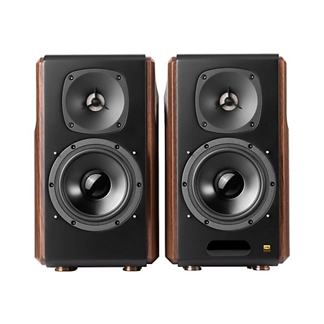 Zwei schwarze Hi-Fi-Regallautsprecher mit Holzoptik-Seitenwänden vor weißem Hintergrund.