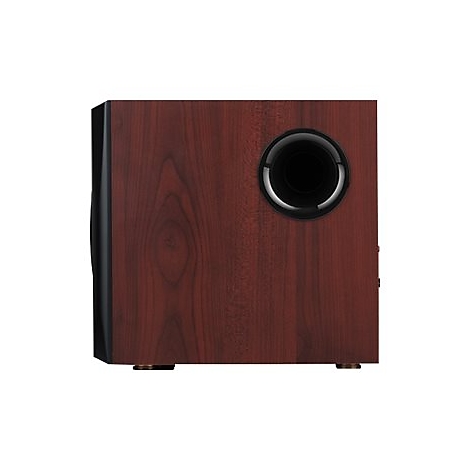 Subwoofer in dunkler Holzoptik mit seitlicher Bassreflexöffnung vor weißem Hintergrund.