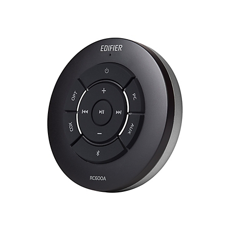 Runde, schwarze Edifier-Fernbedienung RC600A mit zentralen Medientasten vor weißem Hintergrund.