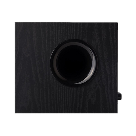 Nahaufnahme der schwarzen Holzoberfläche eines Subwoofers mit mittiger, glänzend schwarzer Lautsprechermembran.