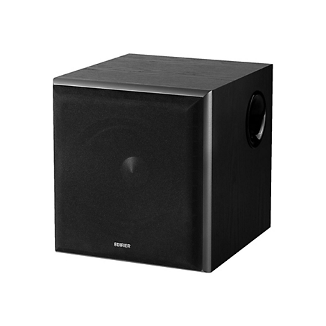 Schwarzer Edifier Subwoofer in quadratischem Holzdesign mit Frontbespannung vor weißem Hintergrund.