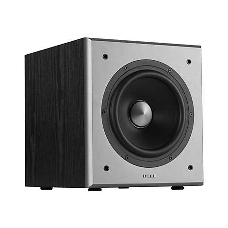 Schwarzer Edifier Subwoofer mit silberner Frontplatte und mittigem Lautsprecher-Konus vor weißem Hintergrund.