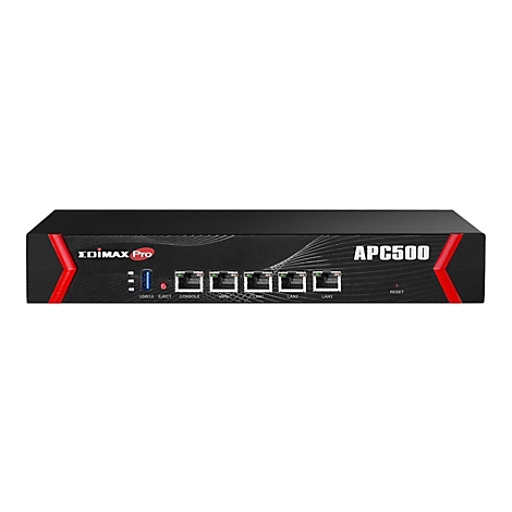 Schwarzer Edimax Pro APC500 Netzwerk-Controller mit LAN- und WAN-Anschlüssen und roten Akzenten an den Seiten.