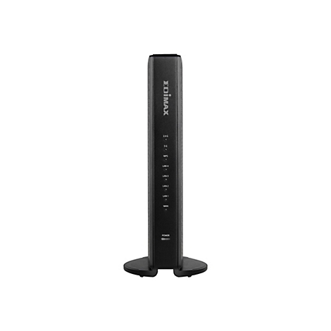 Schwarzer Router mit LED-Anzeigen und EDIMAX-Logo. Auf einer Standvorrichtung.