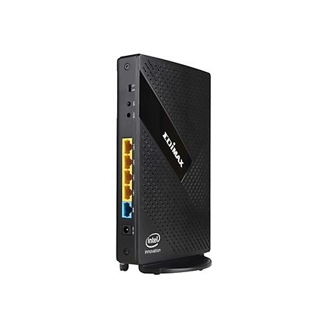 Schwarzer Edimax WLAN-Router mit seitlichen Anschlüssen und Intel-Logo, stehend vor weißem Hintergrund.