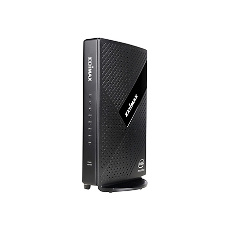 Schwarzer Edimax Router mit Intel-Logo auf einem Standfuß vor weißem Hintergrund.