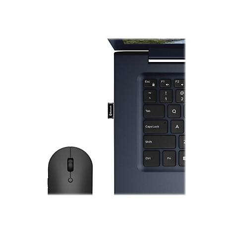 Dunkelgraue Maus neben einem Laptop, Bluetooth-Dongle steckt. Tastatur mit Tastenbezeichnung. Der Bildschirm ist halb geÃ¶ffnet.