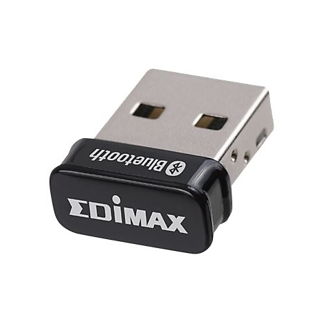 Ein schwarzer Bluetooth-USB-Adapter mit der Aufschrift Bluetooth und dem Logo, darunter EDIMAX in weiÃŸer Schrift.