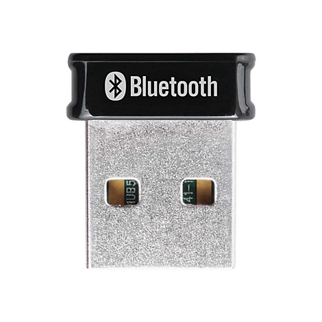 Ein kleiner, silberner USB-Bluetooth-Adapter mit schwarzer Kappe und Bluetooth-Logo auf weißem Hintergrund.