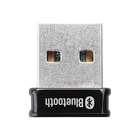 Ein kleiner silberner USB-Bluetooth-Adapter mit schwarzer Kappe und Bluetooth-Logo auf weißem Hintergrund.