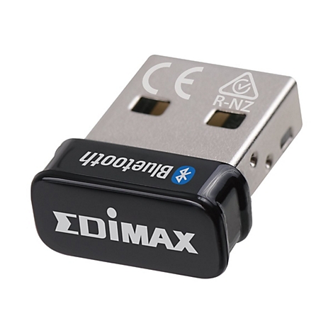 Ein schwarzer Edimax Bluetooth-USB-Adapter mit silbernem Metallstecker vor weißem Hintergrund.