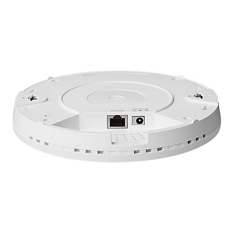 Rückseite eines weißen, runden WLAN-Access-Points mit Ethernet-Port und Stromanschluss vor neutralem Hintergrund.