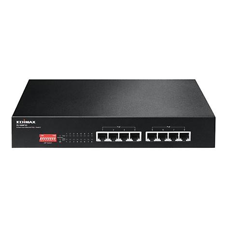 Edimax 8-Port Fast Ethernet PoE Switch in einem schwarzen Metallgehäuse mit DIP-Schalter und Status-LEDs.