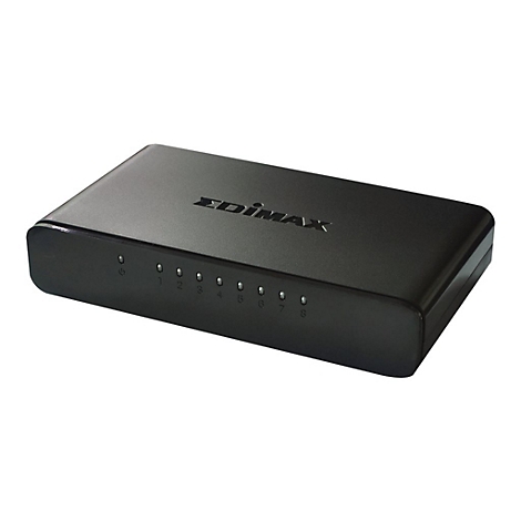 Schwarzer Edimax 8-Port Netzwerk-Switch aus Kunststoff mit Status-LEDs auf der Vorderseite.