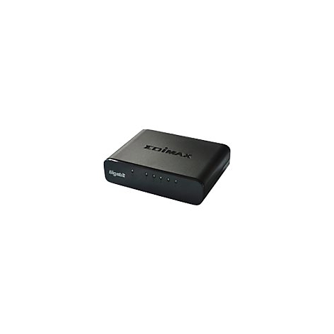 Schwarzer EDIMAX Gigabit-Switch. Oben steht EDIMAX, darunter 6 kleine LEDs.