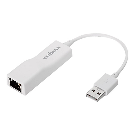 Weißer Edimax USB-auf-Ethernet-Adapter mit Kabel vor weißem Hintergrund.