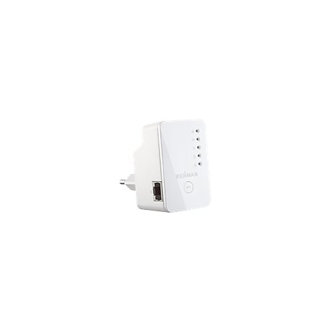 Ein weiÃŸer WLAN-Repeater mit integriertem Stecker und Ethernet-Anschluss. Auf der Vorderseite sind Status-LEDs und das Logo der Marke zu sehen.