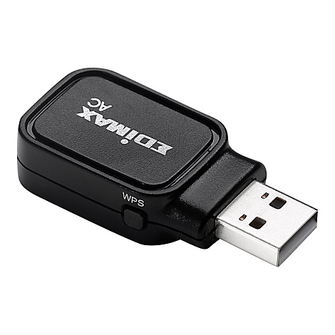 Schwarzer Edimax AC USB-WLAN-Adapter mit seitlicher WPS-Taste vor weißem Hintergrund.