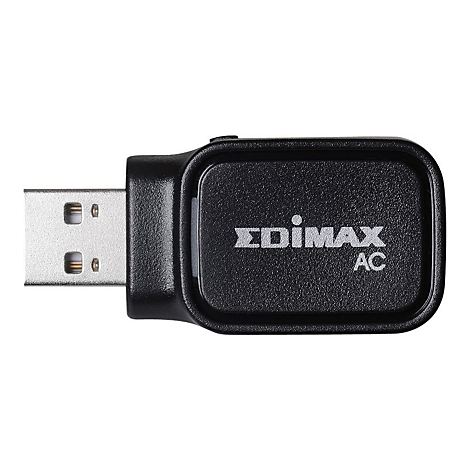 Ein schwarzer Edimax AC USB-Adapter. Der USB-Stecker ist silberfarben, das Gehäuse mit dem Schriftzug 'EDIMAX AC' ist schwarz.