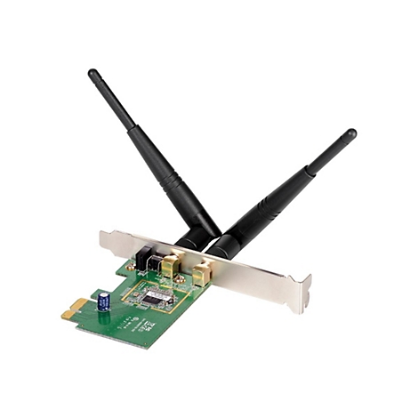 PCIe-WLAN-Karte mit zwei schwarzen, abgewinkelten Antennen vor weißem Hintergrund.
