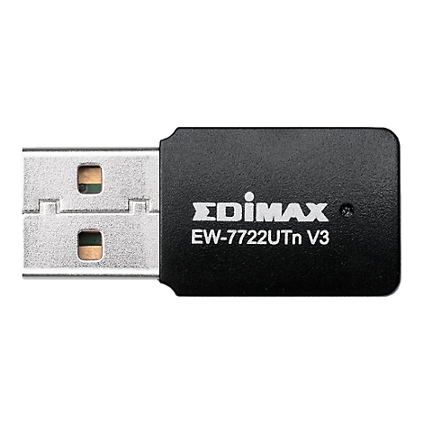 Schwarzer Edimax USB WLAN-Adapter EW-7722UTn V3 mit Metallstecker vor weißem Hintergrund.