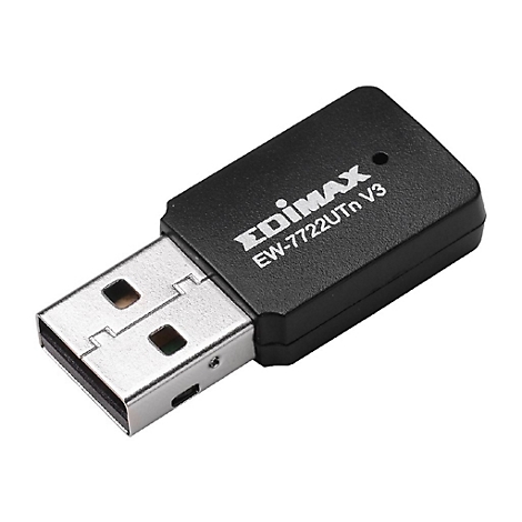 Schwarzer Edimax USB WLAN-Adapter mit silbernem Anschlussstecker vor weißem Hintergrund.