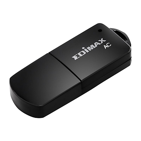 Schwarzer USB-Stick mit "EDIMAX AC" Aufschrift auf weißem Hintergrund.