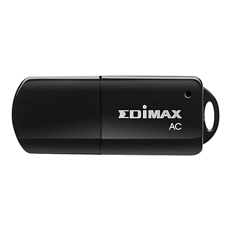 Ein glänzend schwarzer Edimax WLAN-Stick mit silbernem Logo und AC-Schriftzug auf weißem Grund.