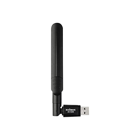 Schwarzer Edimax AC1200 USB-WLAN-Adapter mit einer vertikal ausgerichteten, schwenkbaren Antenne.