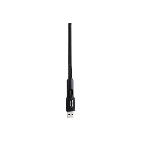 Schwarzer Edimax AC1200 USB WLAN-Adapter mit ausklappbarer Antenne vor weißem Hintergrund.