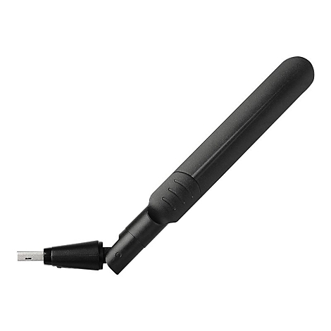 Schwarze, abgewinkelte WLAN-Antenne mit USB-Anschluss vor weißem Hintergrund.
