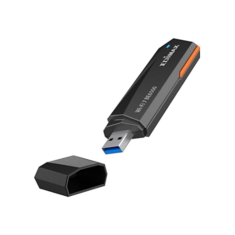 Schwarzer Edimax Wi-Fi 7 BE6500 USB-Adapter mit abgenommener Schutzkappe.