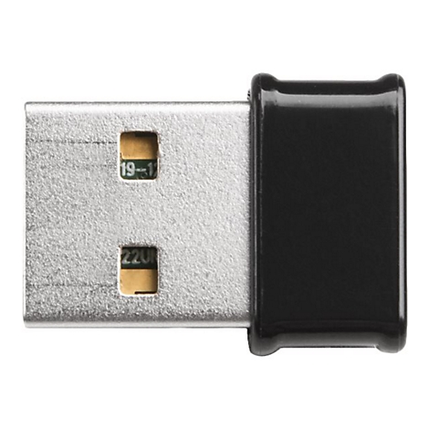Nahaufnahme eines schwarzen USB-Adapters mit silbernem Anschluss. Zwei Ã–ffnungen zeigen gelbe Kontakte, mit den Zahlen 19-1 und 220U.