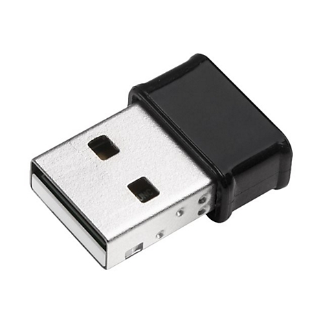 Kleiner, schwarzer USB-Empfänger auf weißem Hintergrund.