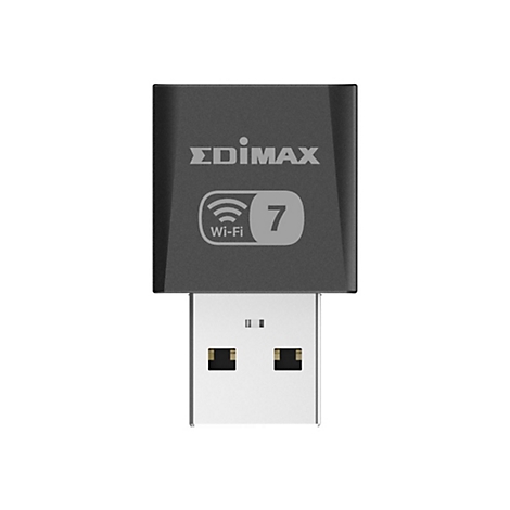 Schwarzer Edimax Wi-Fi 7 USB-Adapter vor weißem Hintergrund.