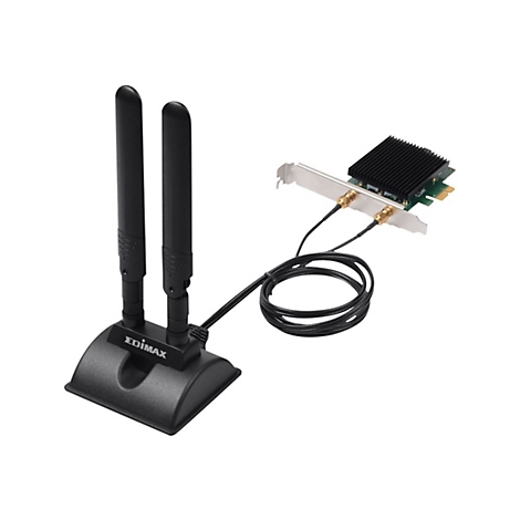 Ein schwarzes WLAN-Modul mit zwei Antennen, verbunden mit einer Platine.