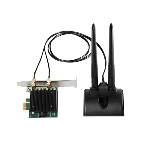 Ein WLAN-Adapter mit zwei Antennen. Schwarze Kabel verbinden die Karte mit den Antennen.