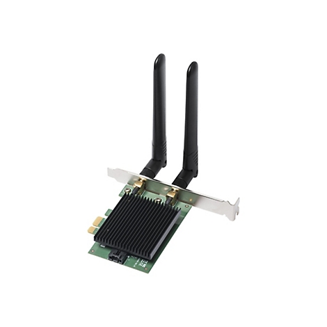 WLAN-Karte mit zwei schwarzen Antennen. Auf dem Chip ist ein KÃ¼hlkÃ¶rper montiert.