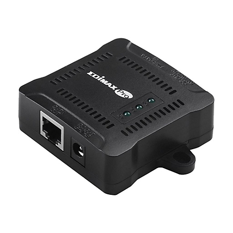 Schwarzer EDIMAX Pro Netzwerkadapter mit Netzwerk- und StromanschlÃ¼ssen, drei grÃ¼nen Kontrollleuchten.