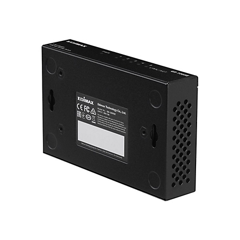Schwarzes Edimax Netzwerk-Switch-Gehäuse von hinten mit Typenschild und Wandmontageöffnungen.