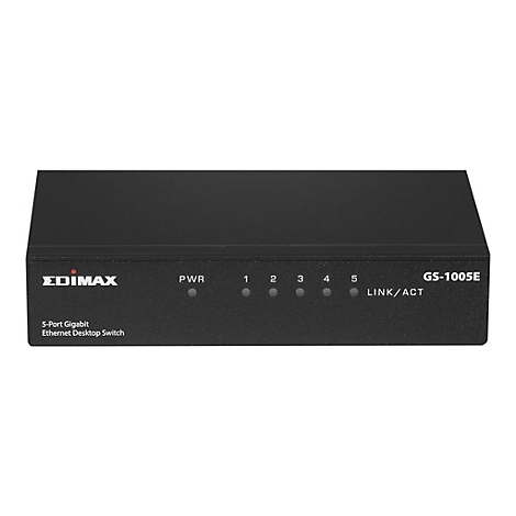 Schwarzer Edimax 5-Port Gigabit Ethernet Desktop Switch mit Status-LEDs vor weißem Hintergrund.
