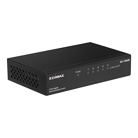 Schwarzer Edimax 5-Port Gigabit Desktop Switch in Frontansicht auf weißem Hintergrund.