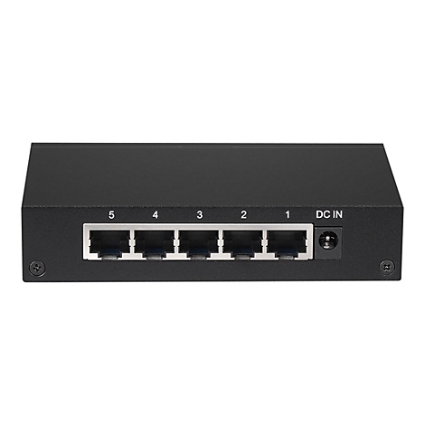 Schwarzer Netzwerk-Switch mit fünf nummerierten LAN-Ports und einem DC-IN-Anschluss auf der Vorderseite.
