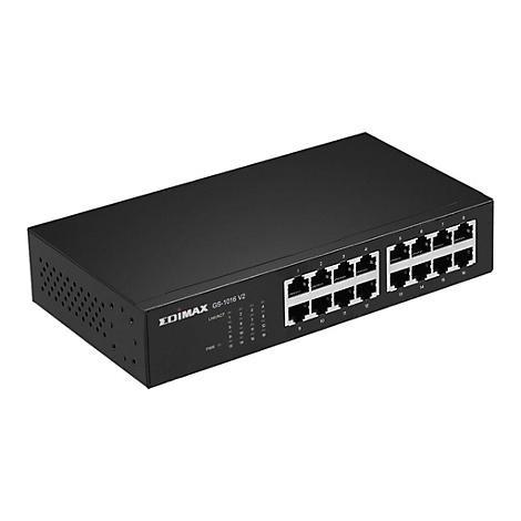 Schwarzer 16-Port Gigabit Ethernet Switch von Edimax vor weißem Hintergrund.